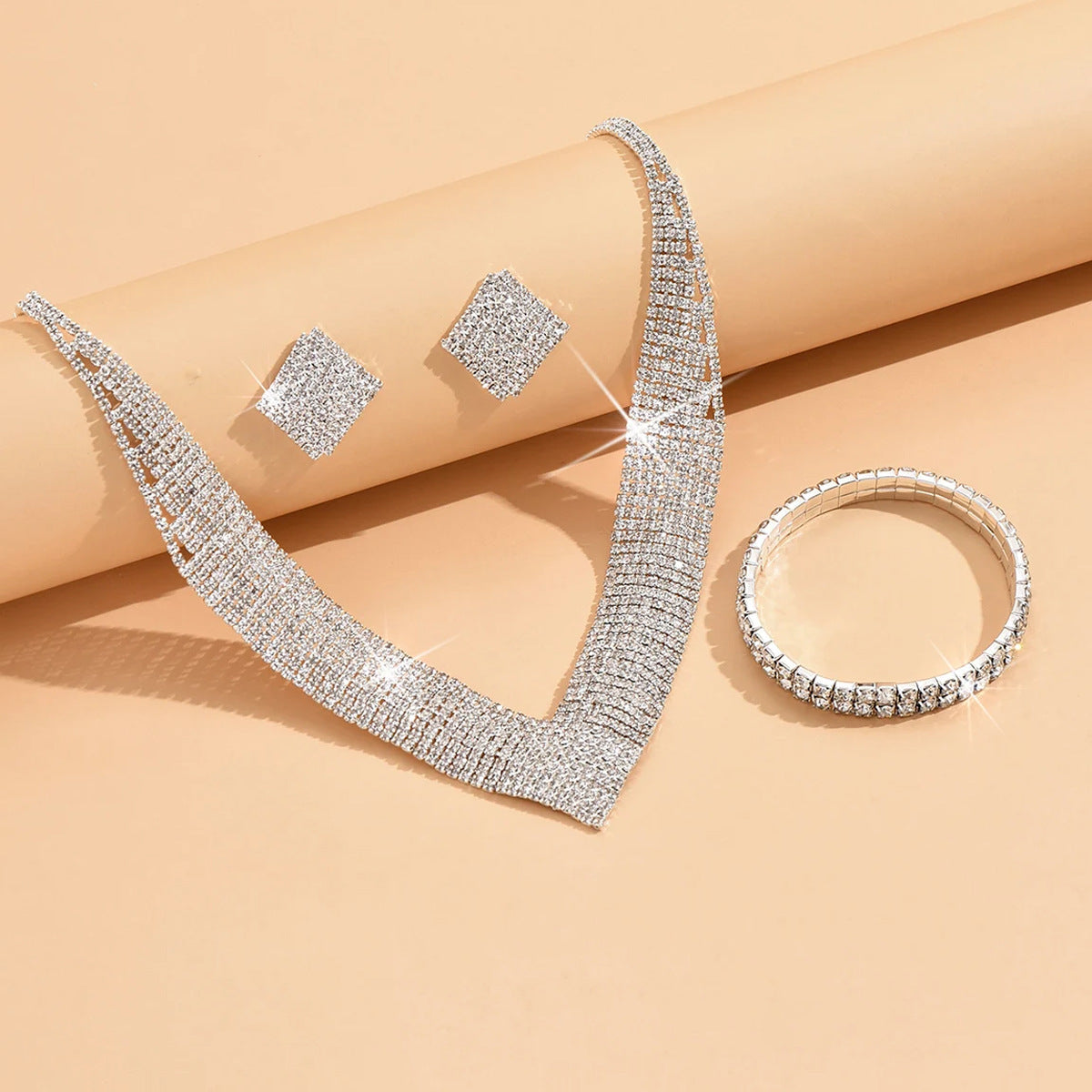 Light luxury rhinestone silver-plated earrings necklace bracelet bridal jewelry