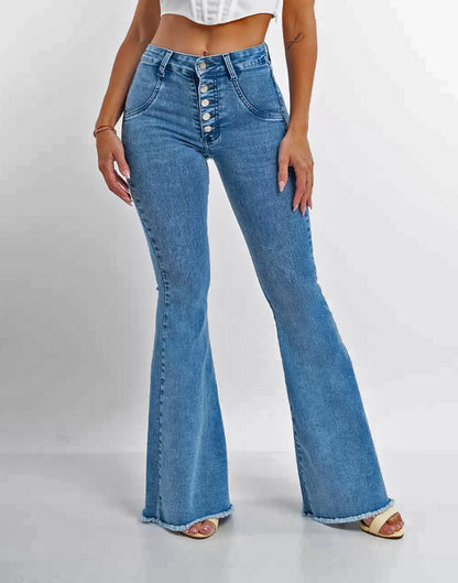 High waist elastic spike button raw fringe jeans