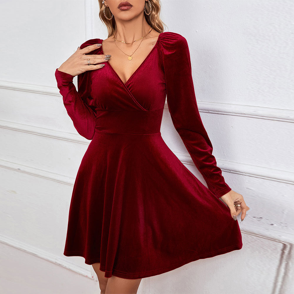Velvet V-Neck Banquet Skirt: Autumn & Winter Elegance