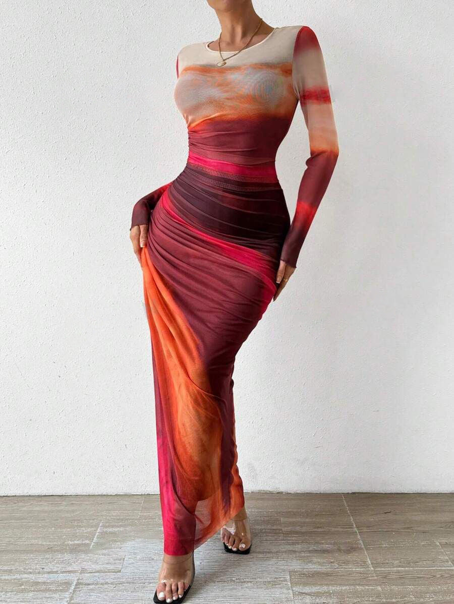 Elegant Contrast Rendered Slim Waist Dress