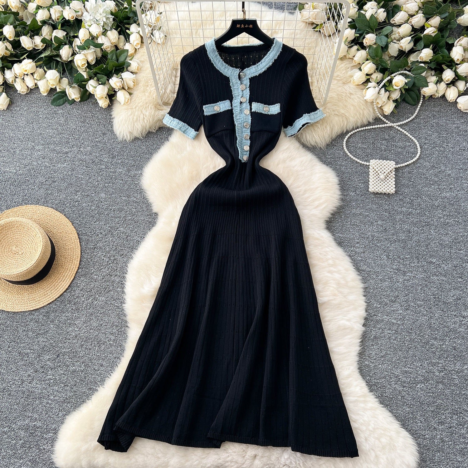 High-End Denim Stitching Knit Dress