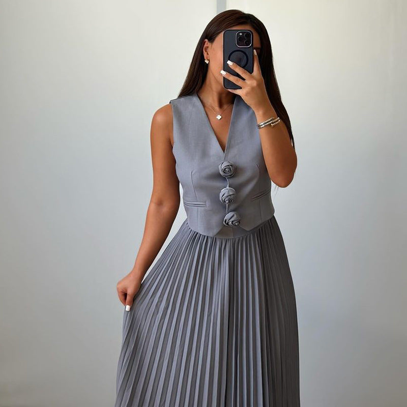 Womens Summer Sleeveless Vest & Pleated Skirt Two-Piece Set