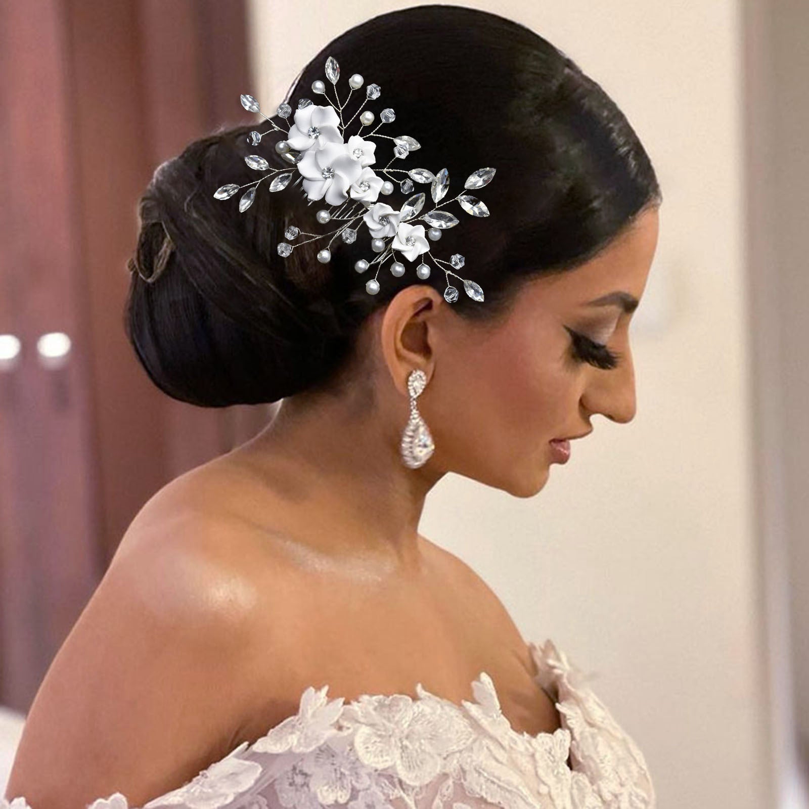 Bridal tiara, handmade rhinestone soft pottery flower ornament wedding party