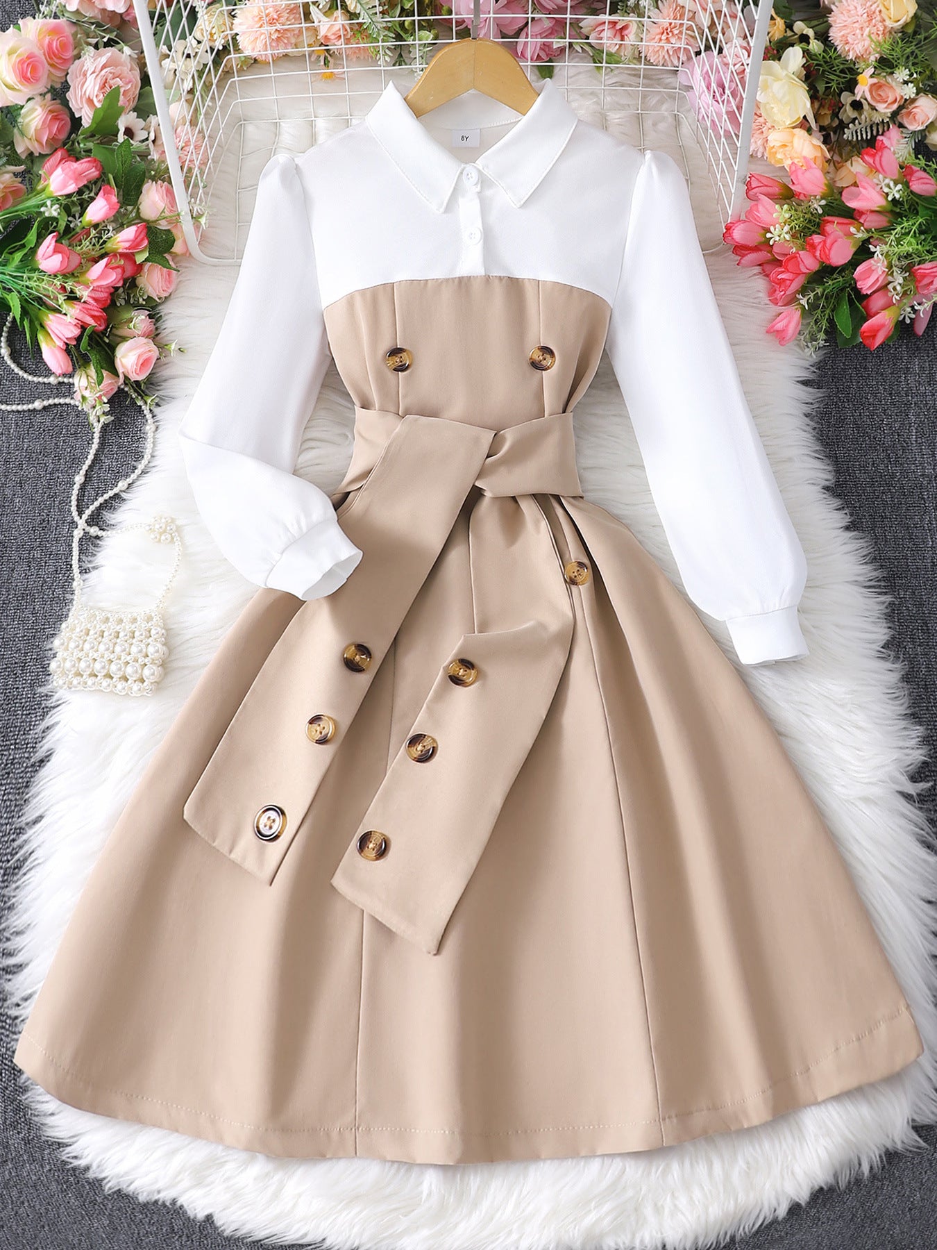 Children’s Long-Sleeve Contrast Lapel Dress