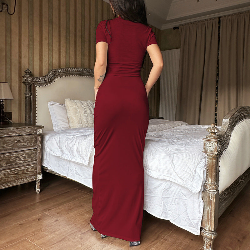 Sexy Deep V Short Sleeve Solid Color Long Dress