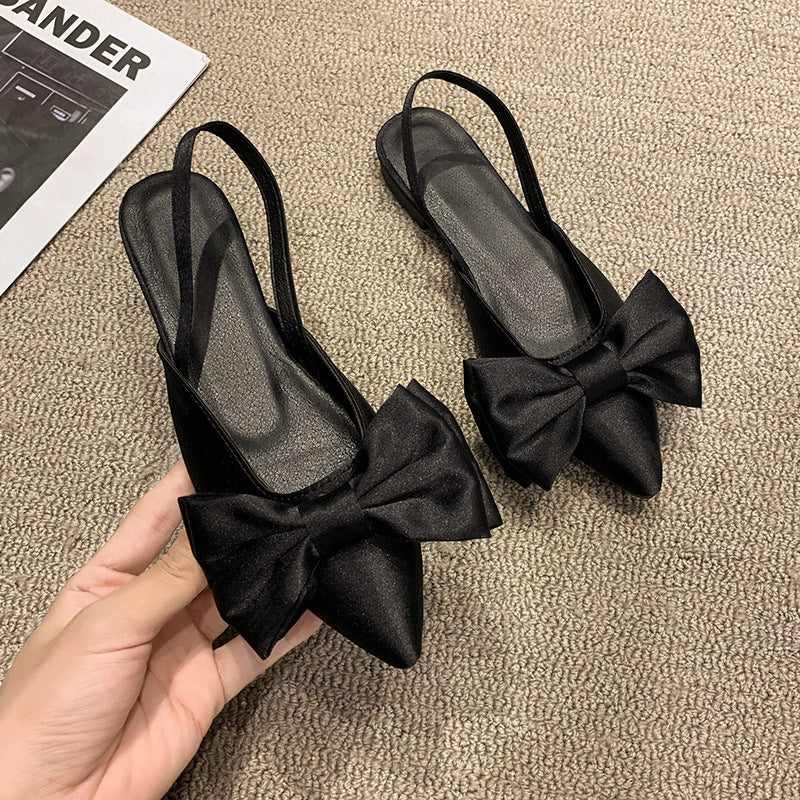 Korean Silk Bow Flat Sandals  Two-Way Wear, Pointed Toe & Square Heel