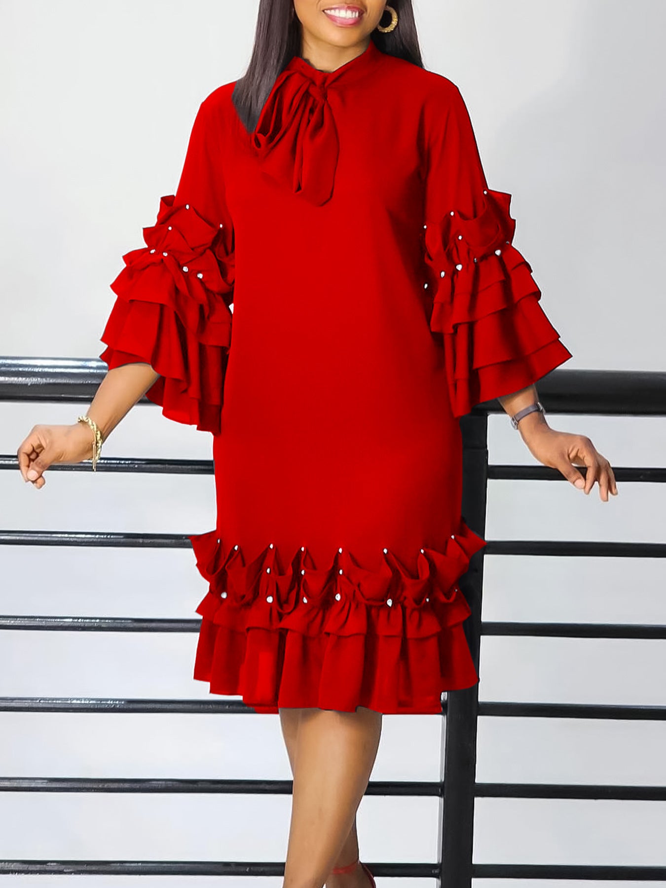Elegant Multi-Layer Ruffle Sleeve Dress
