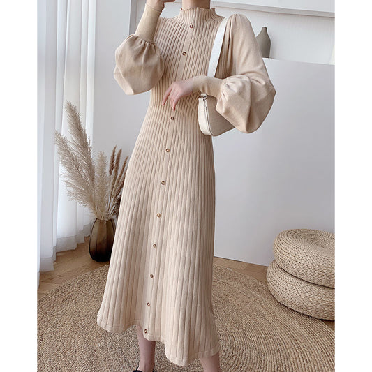 Semi-High Neck Knit Balloon Sleeve Dress