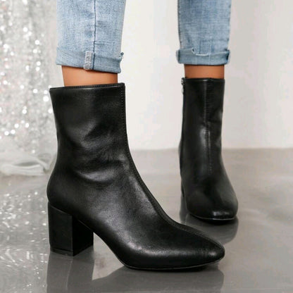 New high heel block heel side zipper leather boots