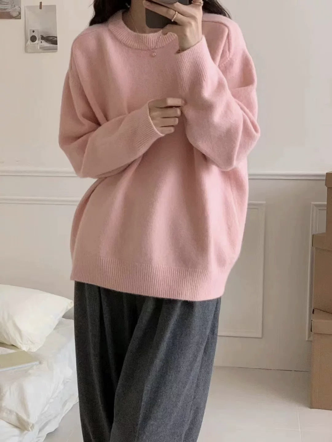 Solid Color Crew Neck Loose Knit Sweater  Casual Autumn Winter Pullover