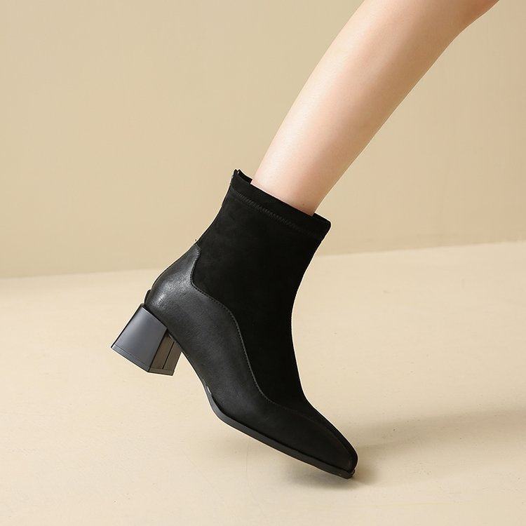 Retro Black Skinny Boots  Frosted Square-Toe Martin Boots for Women (On Hand)