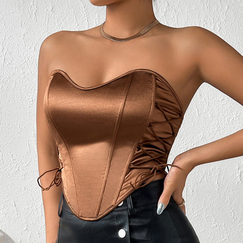 Sexy babes tie lace-up solid color wrap chest street backless fishbone top