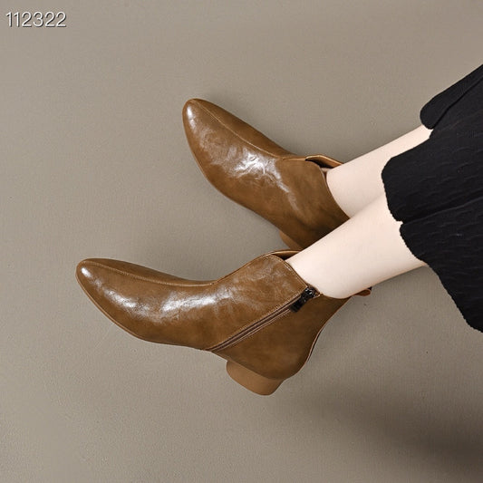 Women's British Style Mid-Heel Ankle Boots – Pointed Toe, Side Zipper