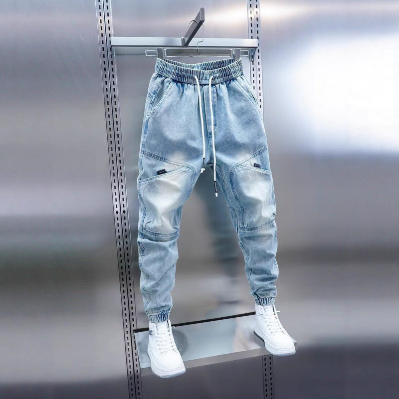 Mens Washed Retro Cargo Jeans  Loose Fit Multi-Pocket Cropped Harem Pants