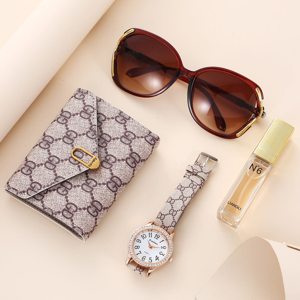 Elegant Women's Gift Set: Timeless Quartz Watch, Stylish Sunglasses, Chic Wallet, and Fragrant Perfume