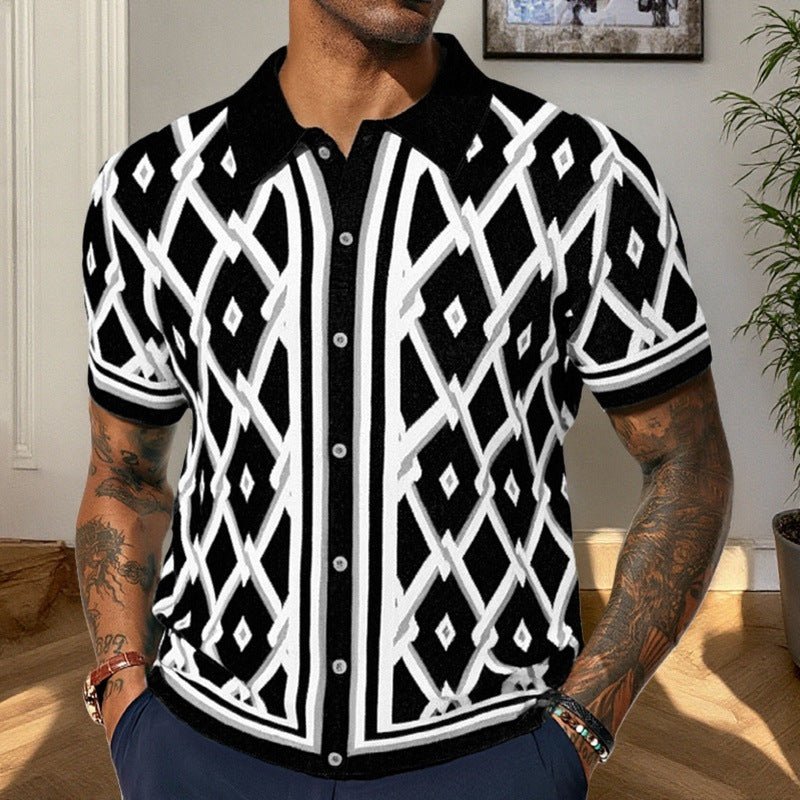 Jacquard Knit Polo Cardigan