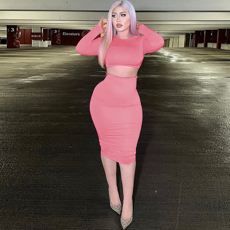 Long Sleeve Crop Top Tight Skirt