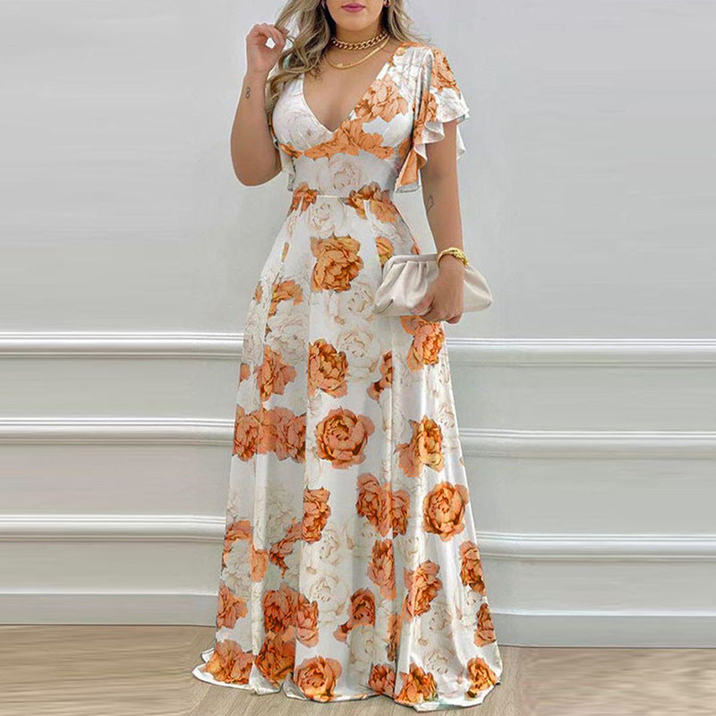 women's temperament sexy V-neck waist print big swing dress