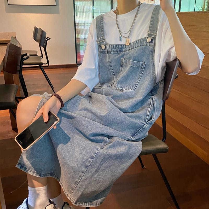 Women's Irregular Slit Denim Suspender Skirt  Summer Loose Long Slip Dress