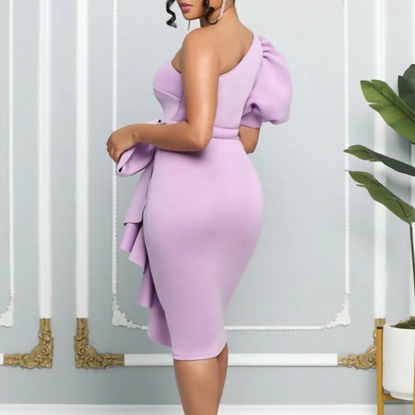 New Oblique Shoulder Puff Sleeve Wrap Hip Sexy Dress Plus Size