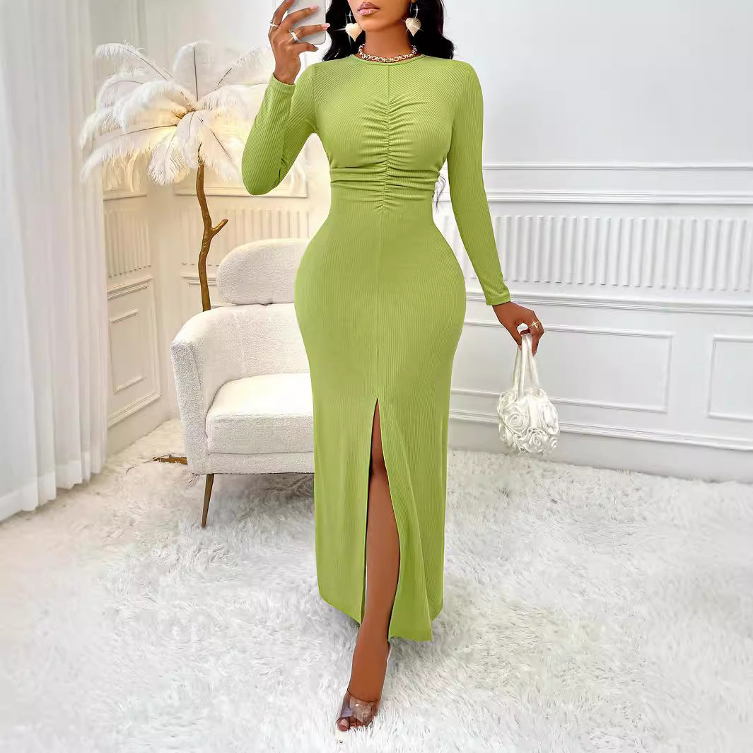 New Women's Hip Wrap High-End Solid Color Dress: Autumn & Winter