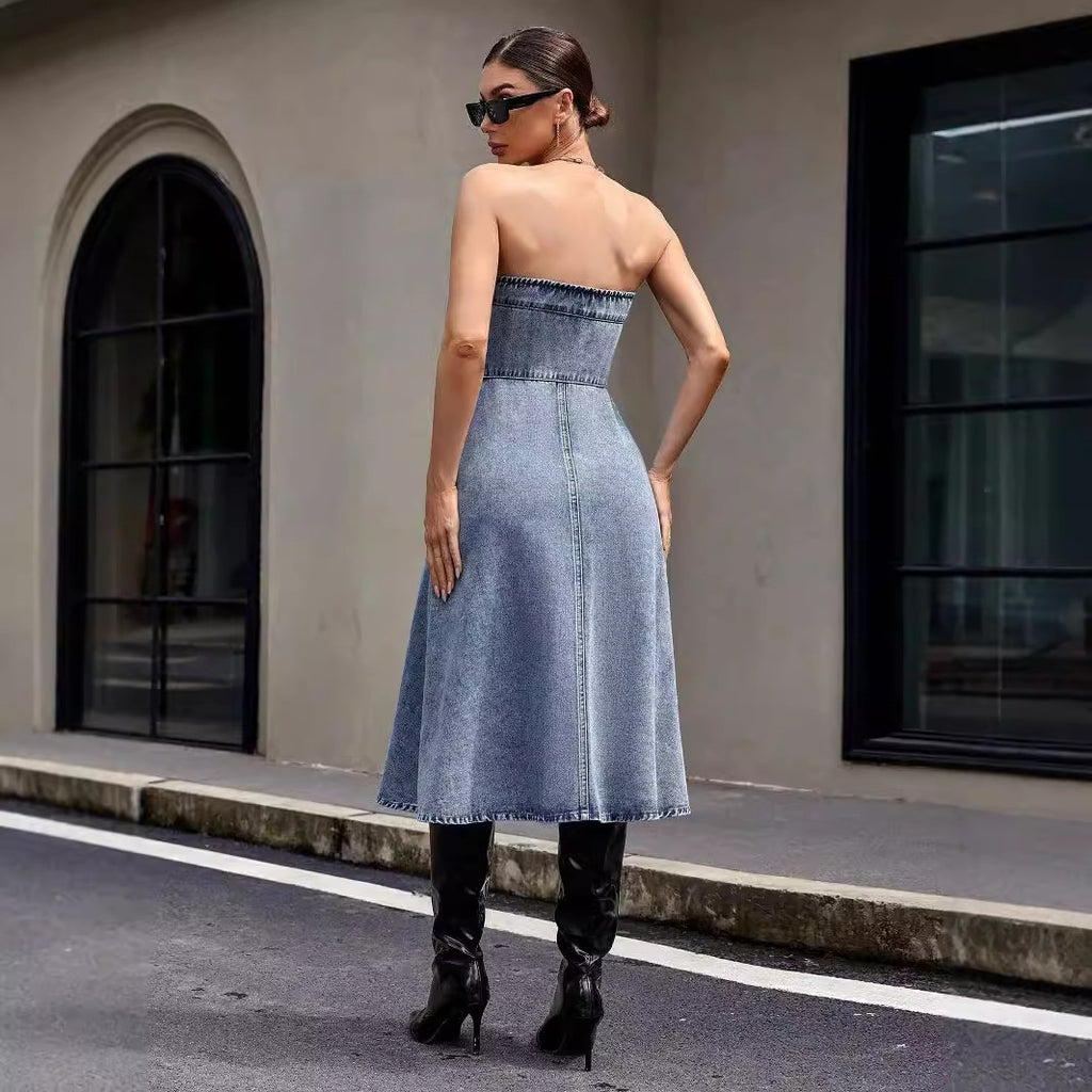 Waist Bandeau Slim Denim Swing Dress for Women's Clothing