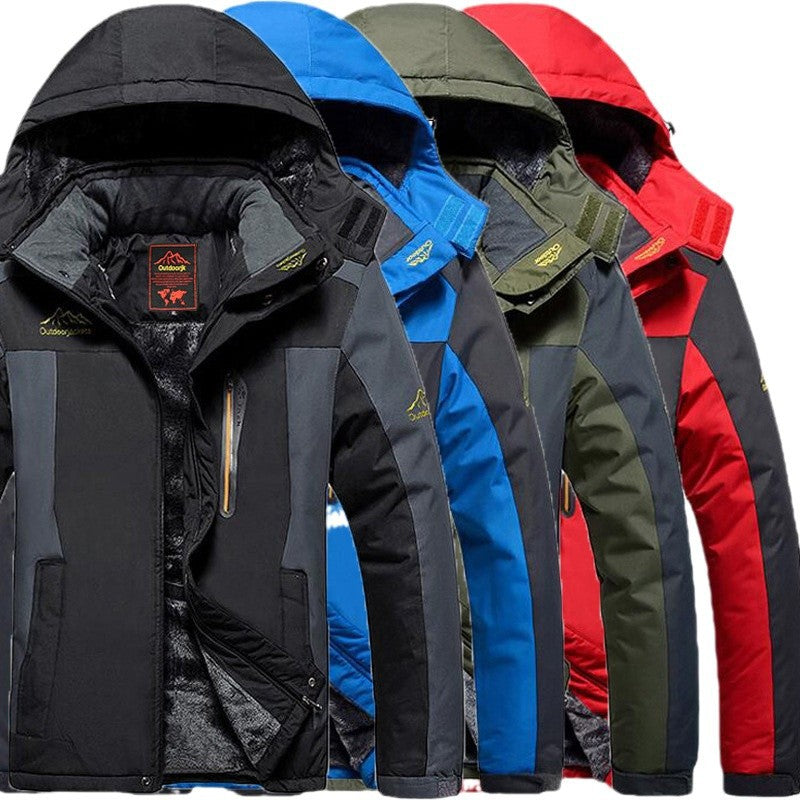 Mens Plus Size Outdoor Velvet Jacket  Thick Weatherproof Cotton Hiking Coat