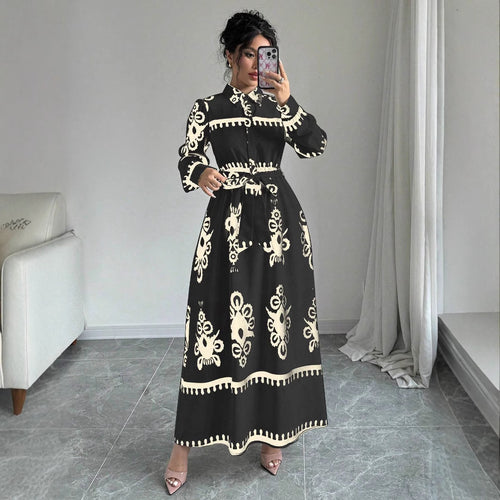 Autumn Ethnic Style Contrast Dress with Lapel Shirt & Tie