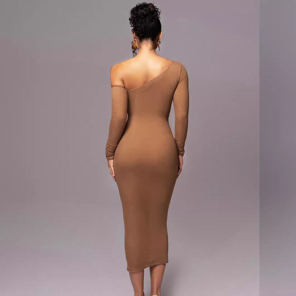 Women's long sleeve mesh stitching slanted shoulder dress