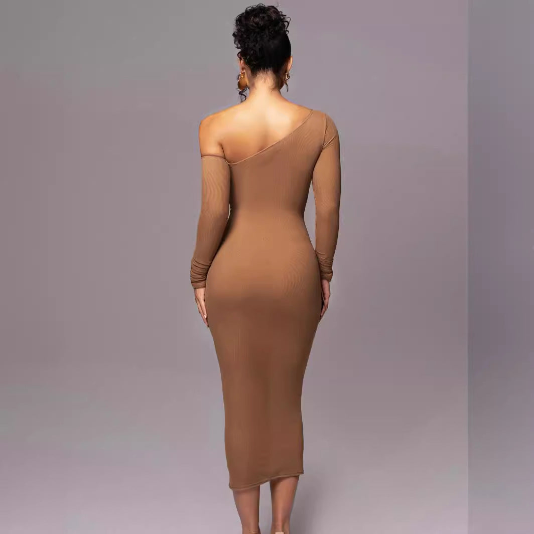 Women's long sleeve mesh stitching slanted shoulder dress