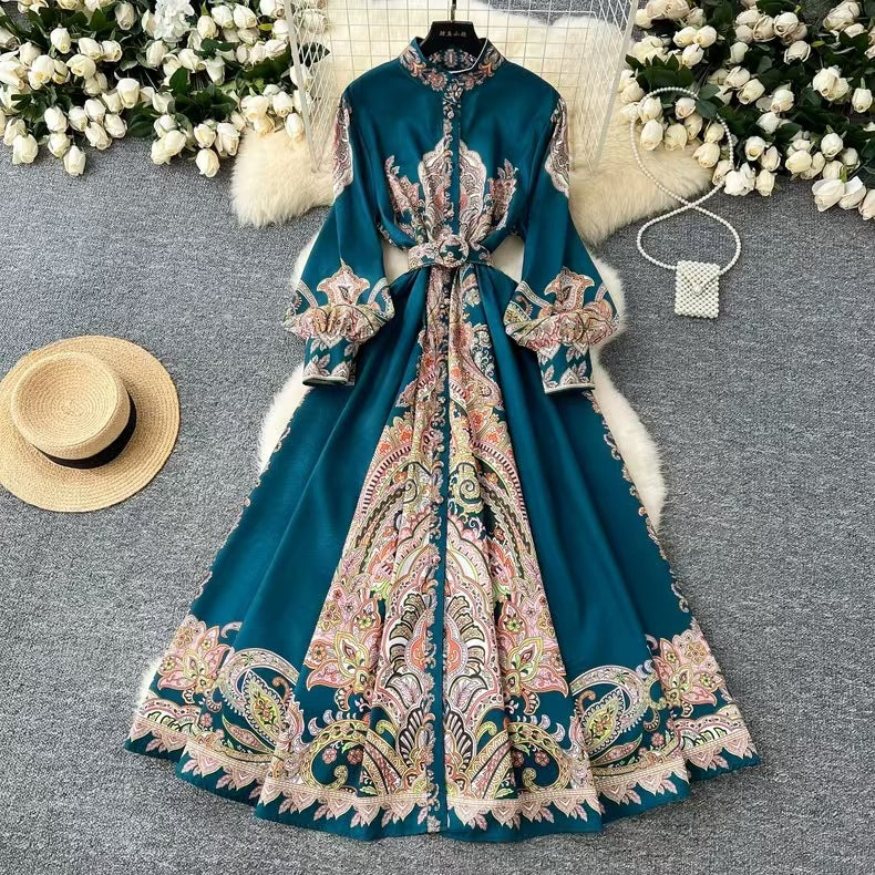 Printed Stand Collar Tie-Waist Dress