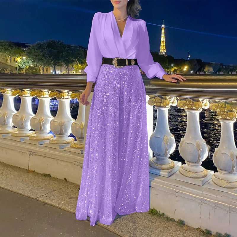 V-neck long-sleeved shirts, waist thin, sequined wide-leg pants