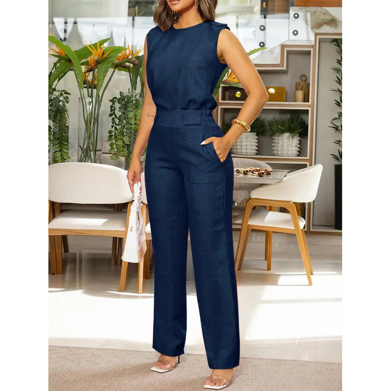 Casual Elegant Sleeveless Vest & Straight-Leg Pants Two-Piece Set