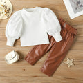 Girls' Spring/Autumn Fashion Set  Bubble Sleeve Top & PU Leather Pants