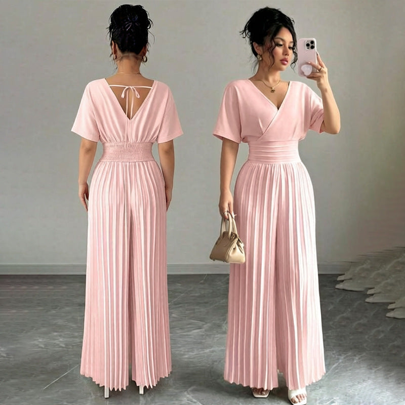 Women’s Elegant V-Neck Pleated Jumpsuit – Solid Color Waist-Cinching Short Sleeve Romper