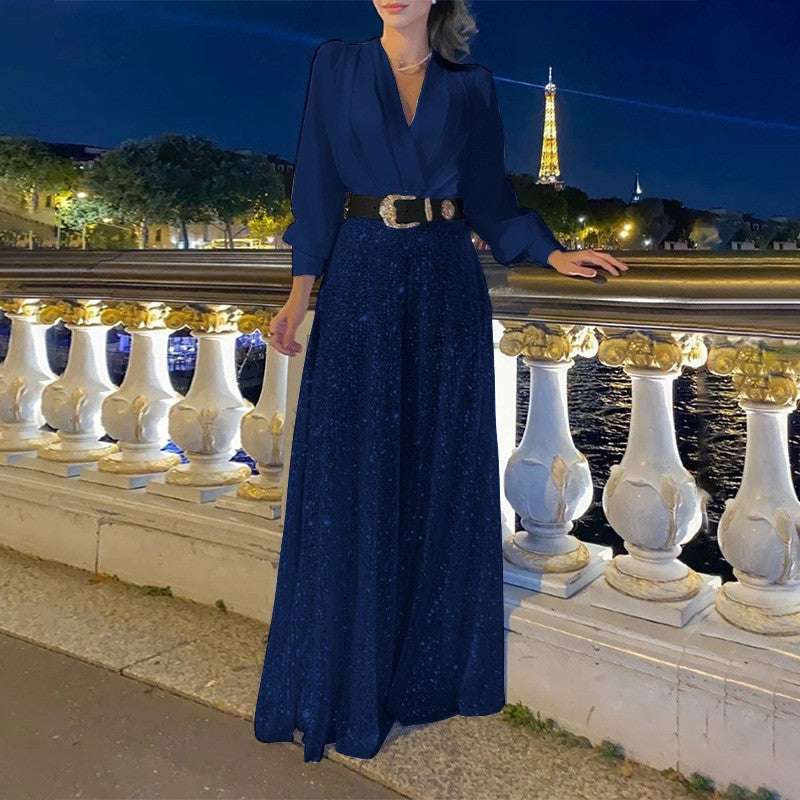 V-neck long-sleeved shirts, waist thin, sequined wide-leg pants