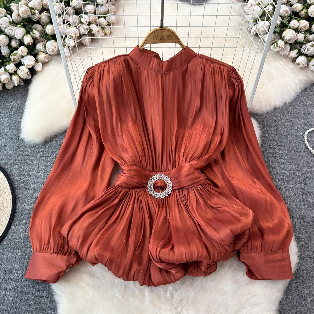 High-End Rose Pink Waist Tie Shirt