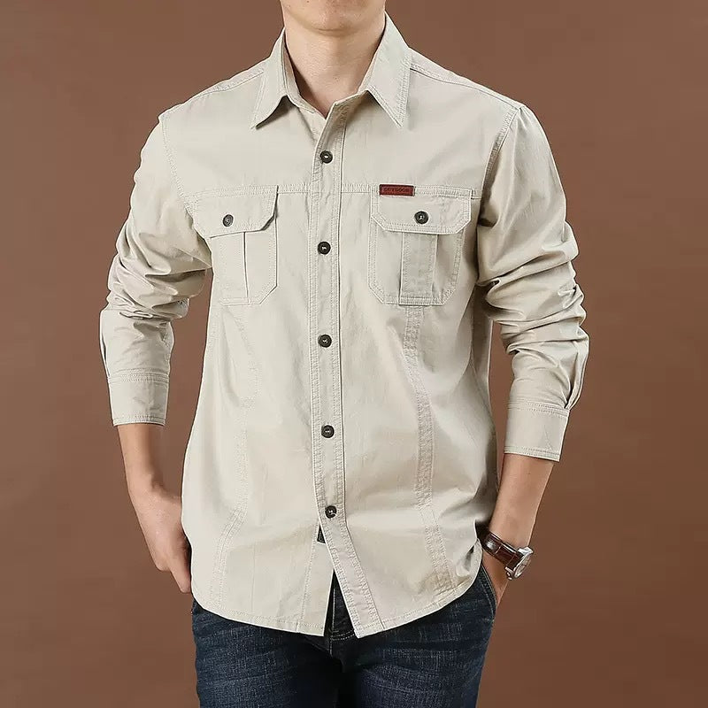 Men's Loose Long Sleeve Cargo Pocket Shirt - Plus Size Solid Color Casual Autumn Top