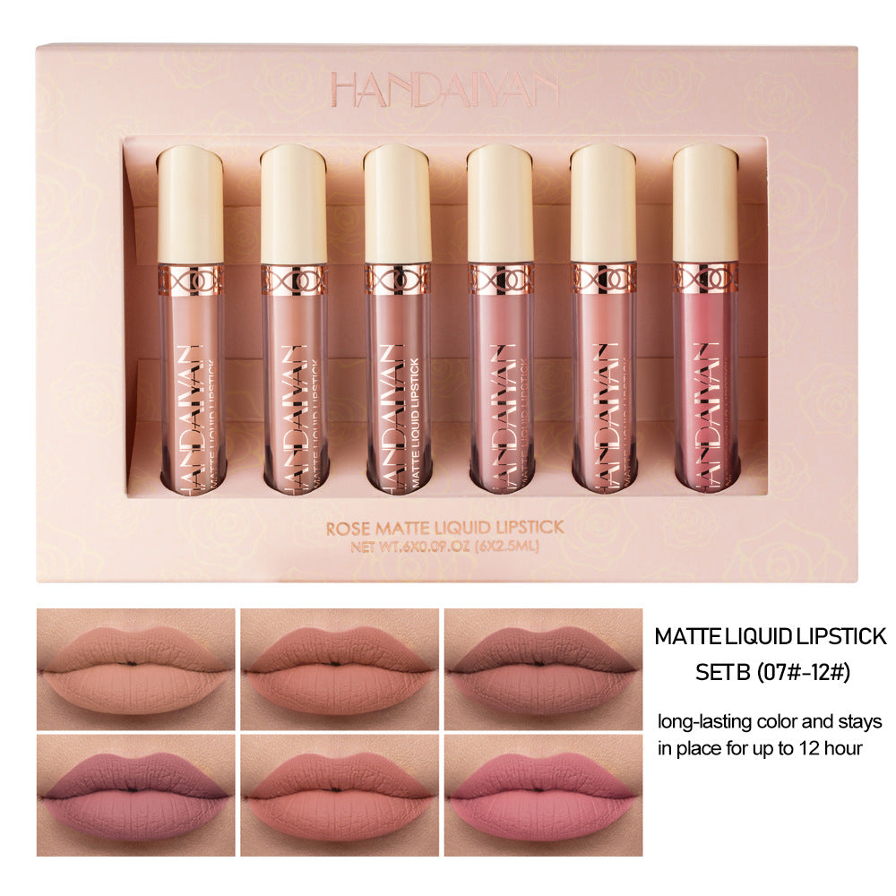 HANDAIYAN 6-Pack Matte Rose Lip Gloss Nude Lipstick, Non-stick Cup Velvet Lip Stain Set
