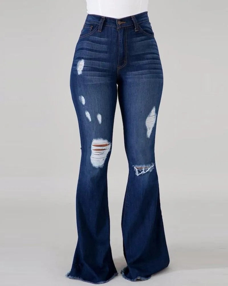 High-elastic ripped, high-waisted flared jeans