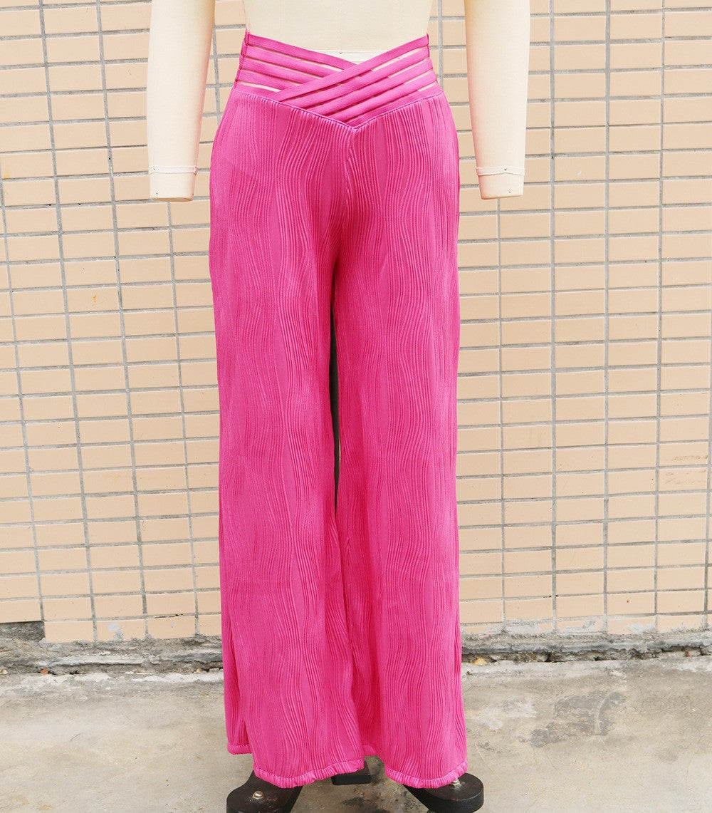 Women's high-waisted slacks, draped pleated cut-out water ripple wide-leg trousers