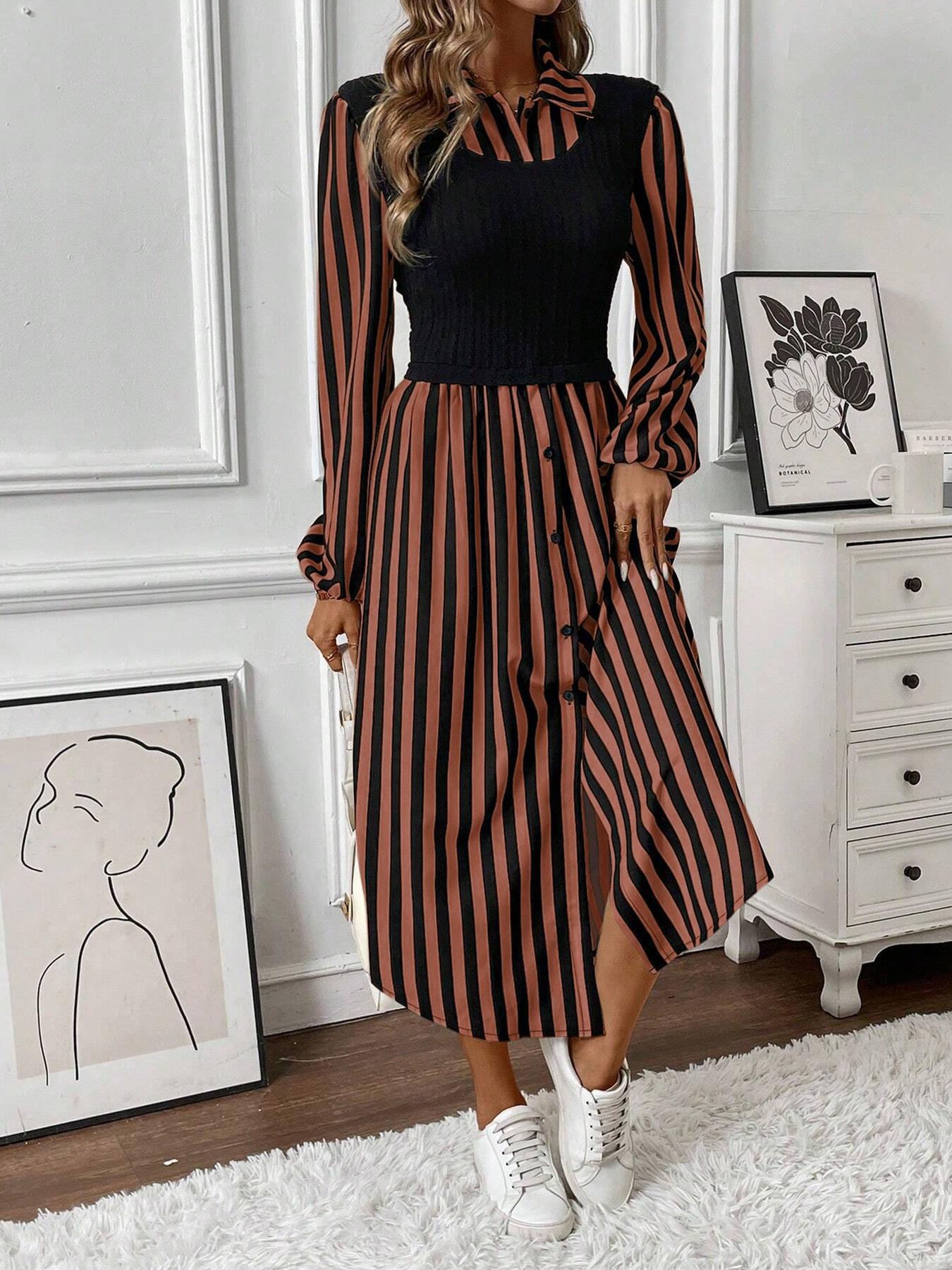 Womens Striped Patchwork Fake Two-Piece Slimming Long Dress