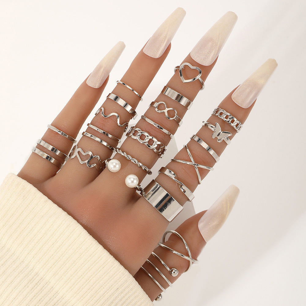22-Piece Butterfly, Pearl, and Geometric Ring Set