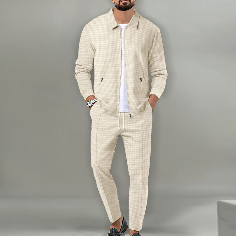 Men's Fall Waffle Knit Slim Cardigan Jacket Set