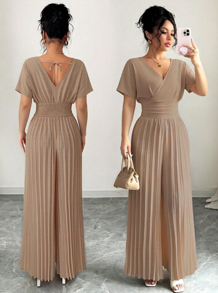 Women’s Elegant V-Neck Pleated Jumpsuit – Solid Color Waist-Cinching Short Sleeve Romper