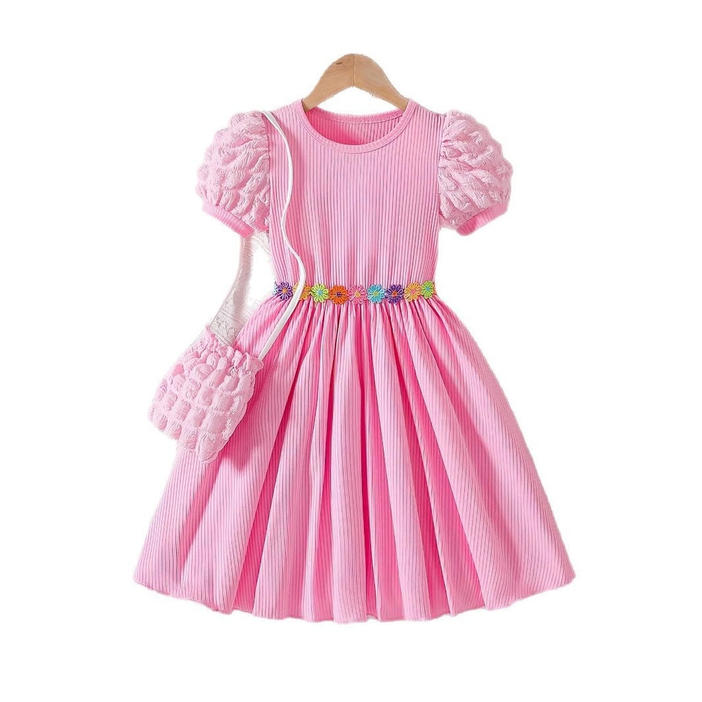 Pink Princess Twirl Dress  Puff Sleeves & Floral Waist