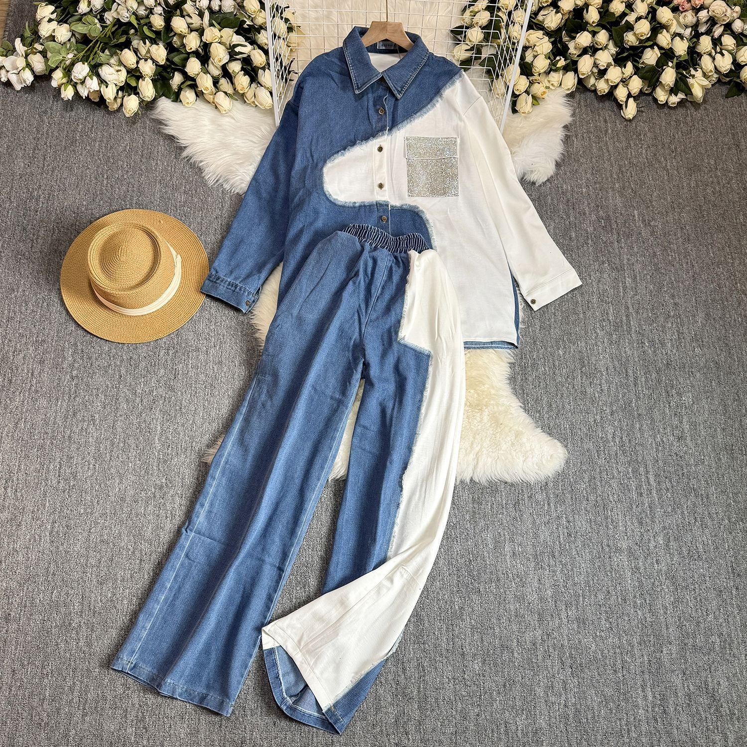 Retro Contrast-Stitch Denim Set