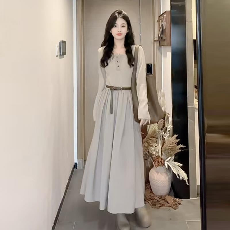 High-End French Style Long-Sleeve Dress  Autumn/Winter Elegant Square Neck Long Skirt