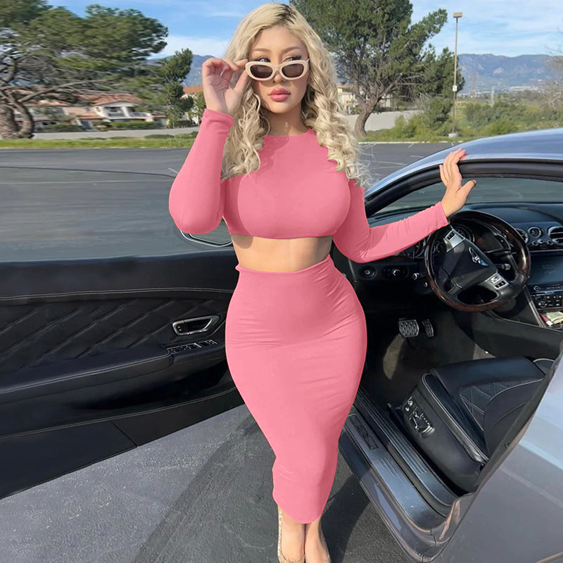 Long Sleeve Crop Top Tight Skirt