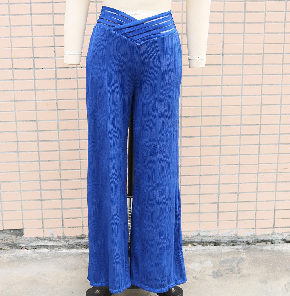 Women's high-waisted slacks, draped pleated cut-out water ripple wide-leg trousers